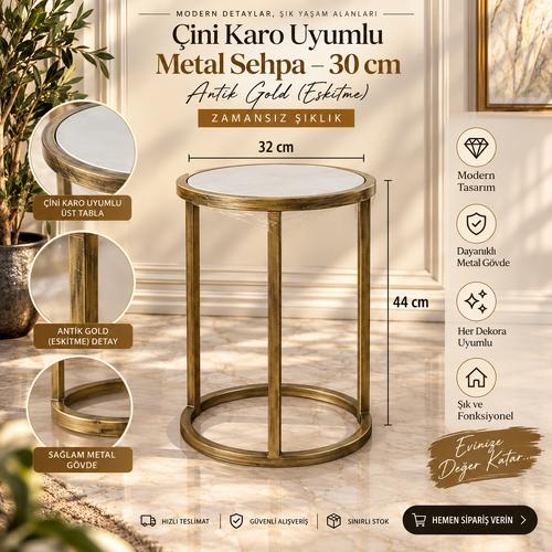 30 cm Çini Karo Uyumlu Metal Yan Sehpa – Antik Gold
