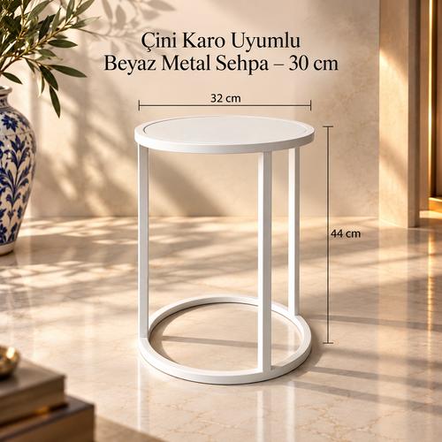 30 cm Çini Karo Uyumlu Metal Yan Sehpa – Beyaz