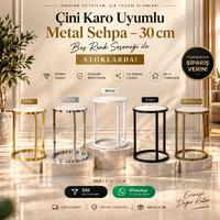 30 cm Çini Karo Uyumlu Metal Yan Sehpa – Gold