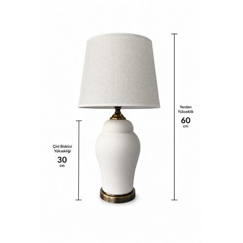 30 cm Çini Şah Abajur – Eskitme Antik Gold Masa Lambası -  Hasır Bej Şapka