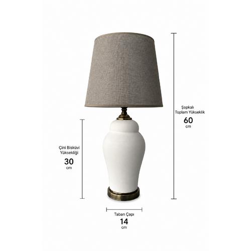 30 cm Çini Şah Abajur – Eskitme Antik Gold Masa Lambası -  Krem Pileli Konik Şapka