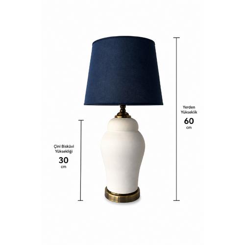 30 cm Çini Şah Abajur – Eskitme Antik Gold Masa Lambası -  Lacivert Şapka
