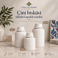 Çini Bisküvi Silindir Kapaklı Küp  - Küçük Boy