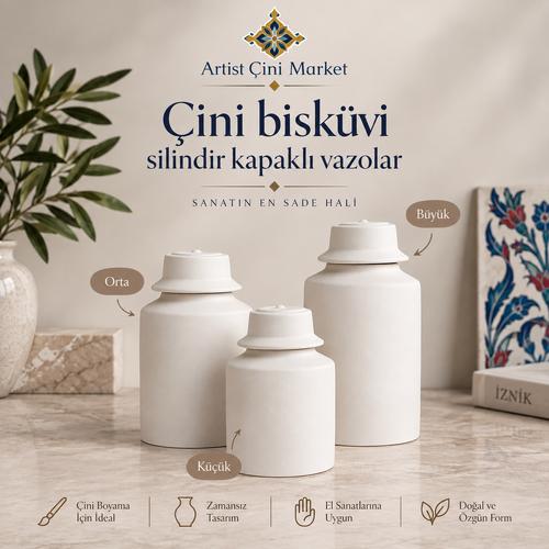 Çini Bisküvi Silindir Kapaklı Küp  - Büyük Boy