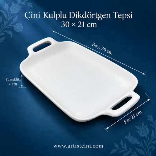 Çini Kulplu Dikdörtgen Tepsi  - 30x21 CM