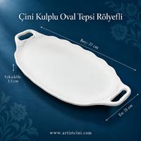 Çini Kulplu Oval Tepsi  - Rölyefli - 37x21 cm