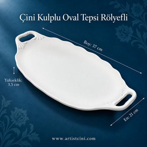 Çini Kulplu Oval Tepsi  - Rölyefli - 37x21 cm