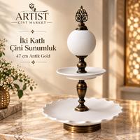 İki Katlı Çini Sunumluk – 47 cm Antik Gold