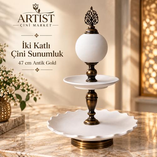 İki Katlı Çini Sunumluk – 47 cm Antik Gold