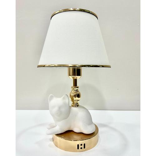 Oturan Kedi Çini  Bisküvi Gold Renk Duy Aparatlı Abajur (Şapkalı 42 cm) 
