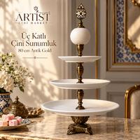 Üç Katlı Çini Sunumluk – 80 cm Antik Gold