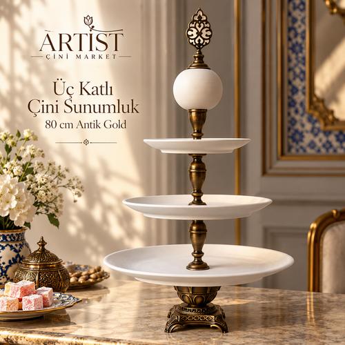 Üç Katlı Çini Sunumluk – 80 cm Antik Gold
