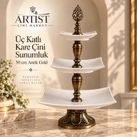 Üç Katlı Kare Çini Sunumluk 50 cm – Antik Gold