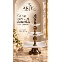 Üç Katlı Kare Çini Sunumluk 50 cm – Antik Gold